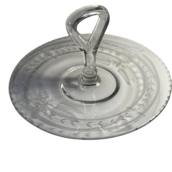 Vintage Depression Glass Bon Bon Tray w/ Handle Etched Flowers & Leaves EAPG - Picture 1 of 7
